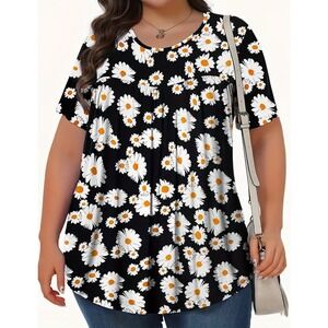 Tencede Top Size‎ 3XL Black Daisy Floral Pull Over Short Sleeve Tunic Ruched